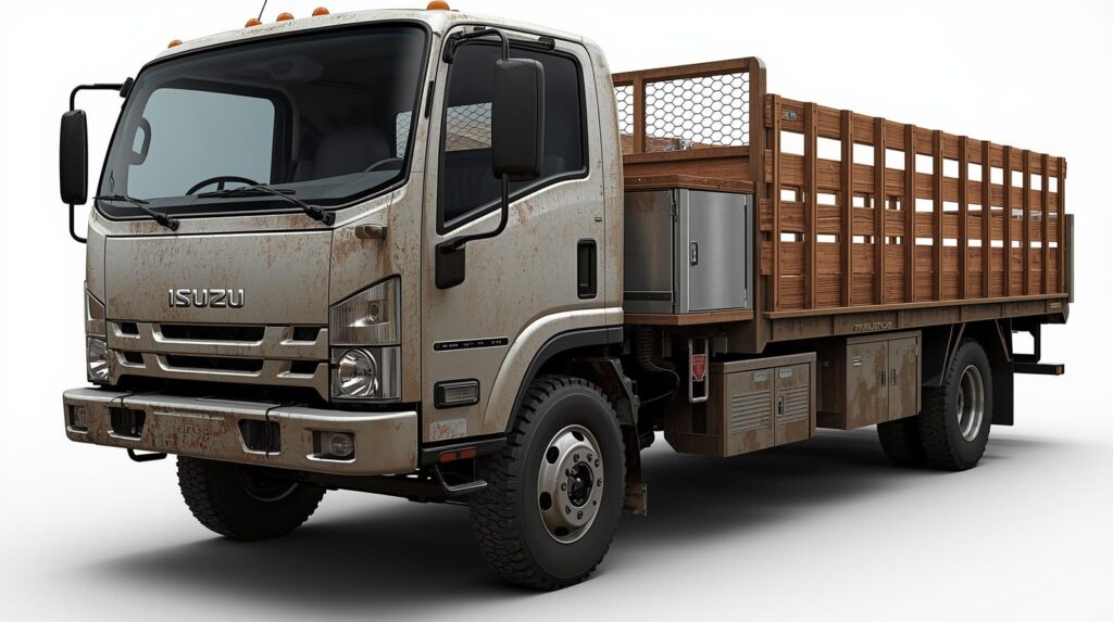 Custom Isuzu flatbed truck with toolboxes and stake sides