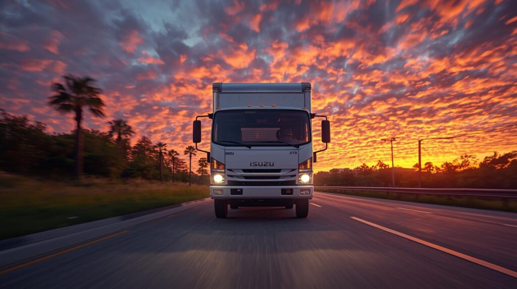 Isuzu box truck driving on a Florida highway at sunset