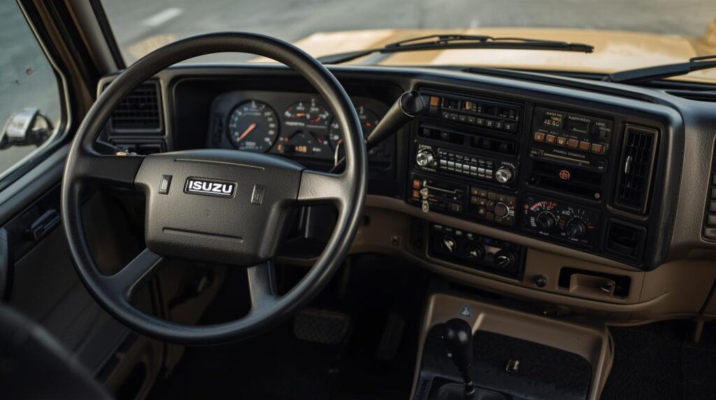 Interior safety and comfort features of an Isuzu flatbed truck