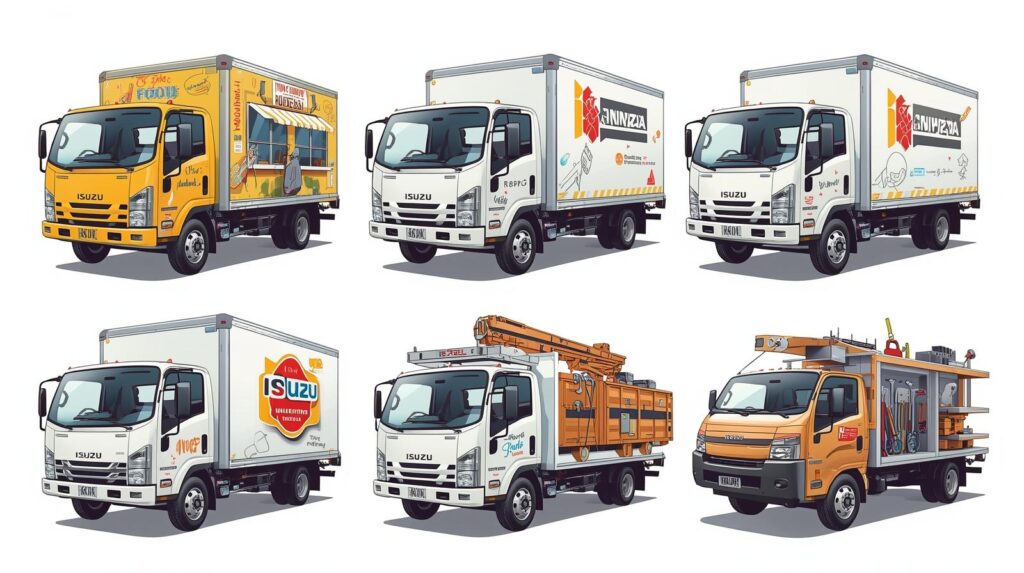 Isuzu box truck customized for delivery, construction, and food services